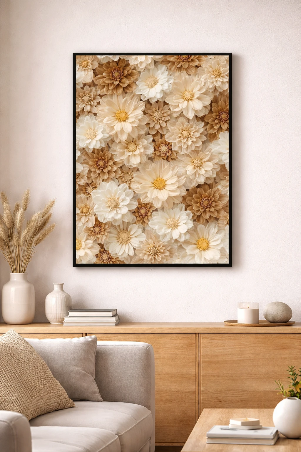 Bej Ton Floral Çiçek Duvar Tablosu 2. Fotoğraf